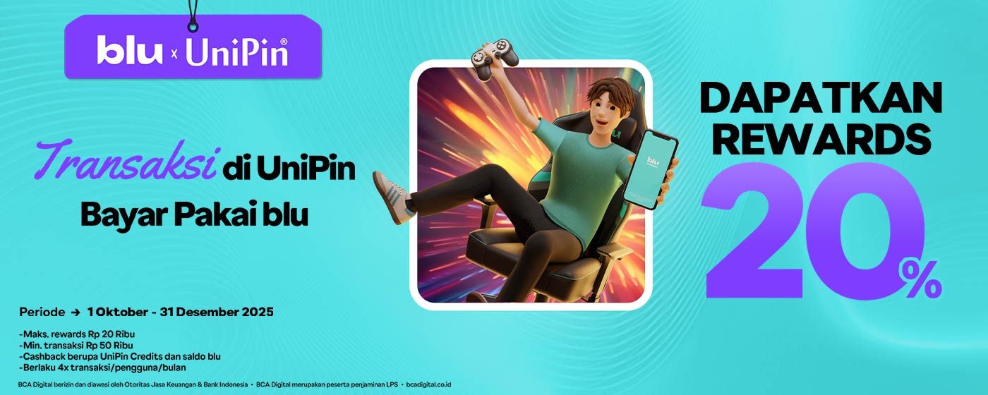 Top Up Game di UniPin pakai blu dan dapatkan Rewards 20%